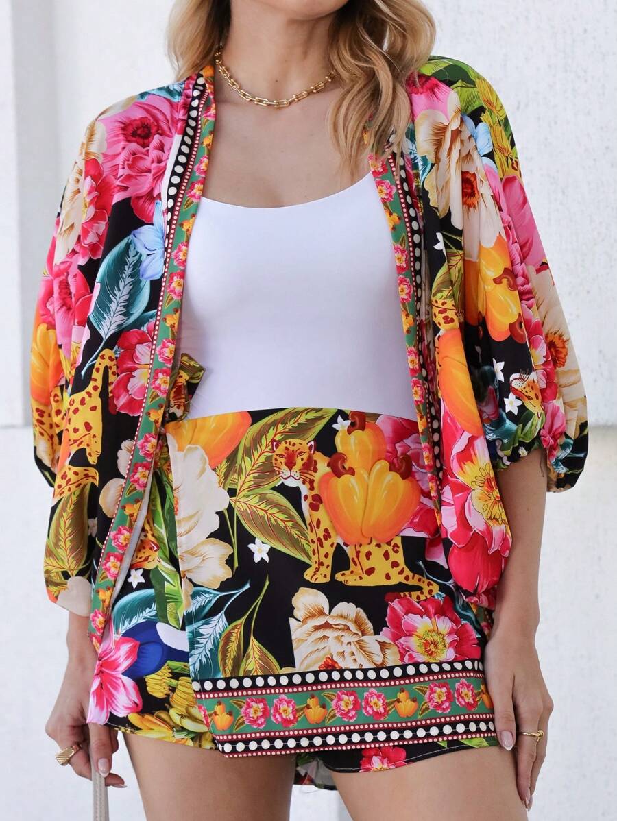 Women's 2 Pc Set (Kimono + Short Skirt), Print - Flowers, Leaves, Birds. . Crepe Fabric, One Size Fits 42, National Shipping, Promotion Day 11.11 Day 12.12 Refresh Your Summer, - 黑色 - 查看 1