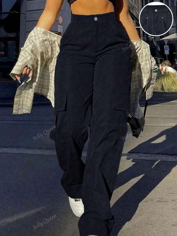 High-Waisted Black Cargo Pants - Wide Leg Utility Trousers With Pockets, Perfect For Casual Streetwear And Y2K Fashion