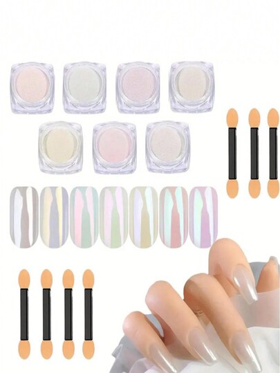 7pcs/Set White Pearl Chrome Nail Powder Set,Metallic Nail Powder Mirror Effect White Chrome Powder Iridescent Nails Powder Manicure Pigment, DIY Nail Art Decorations