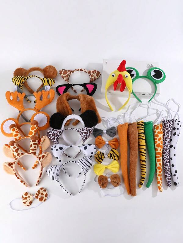 3pcs/Set Cartoon Animal Ears Headbands - Rabbit, Cat, Tiger, Giraffe, Frog, Dog, Bunny, Wolf With Bow Tie ,Animal Print ,Hair Hoop Hairband For Women