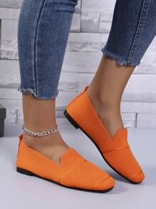 Women Knitted Flat Loafers Slip-On Square Toe Comfortable Casual Shoes For Mom, Spring/Autumn - Orange - View 6