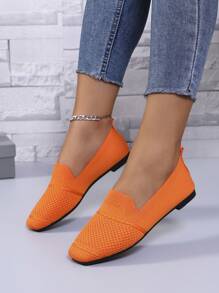 Women Knitted Flat Loafers Slip-On Square Toe Comfortable Casual Shoes For Mom, Spring/Autumn - Orange - View 3