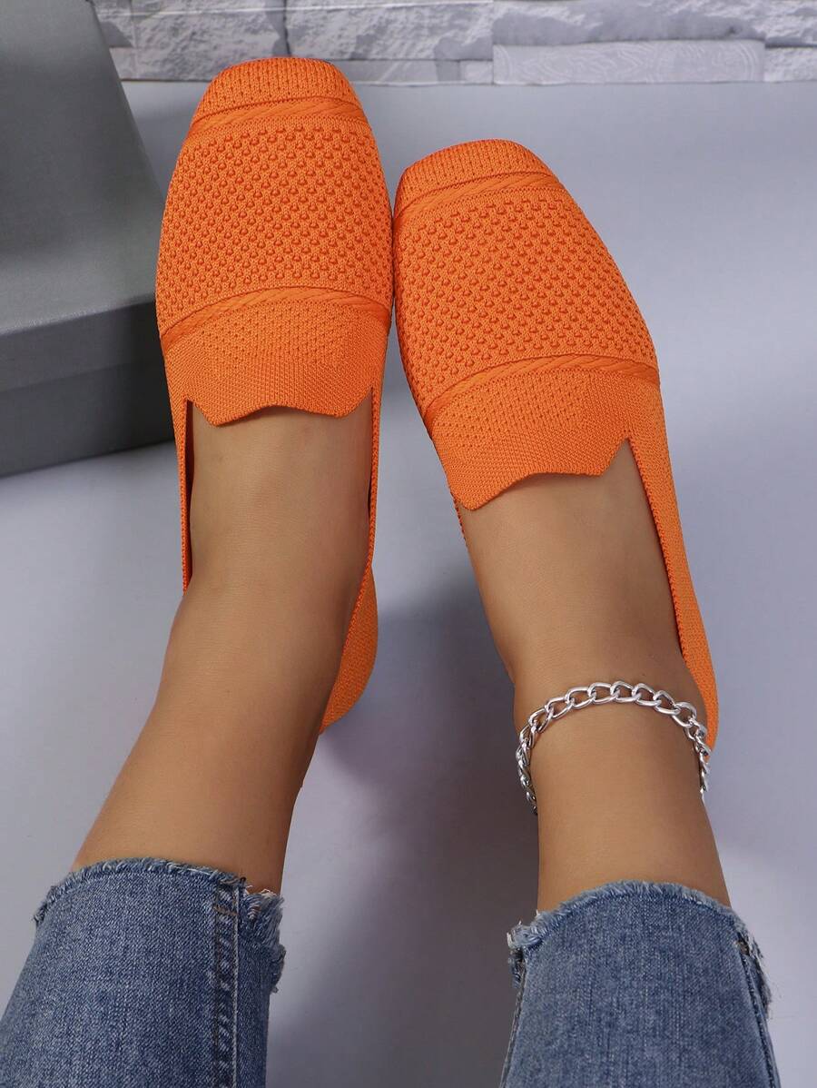 Women Knitted Flat Loafers Slip-On Square Toe Comfortable Casual Shoes For Mom, Spring/Autumn - Orange - View 1