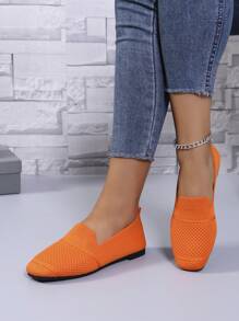 Women Knitted Flat Loafers Slip-On Square Toe Comfortable Casual Shoes For Mom, Spring/Autumn - Orange - View 4