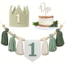 Decoración hecha a mano para la torta del primer cumpleaños: banderín, sombrero de corona tejido en verde, decoración para el dormitorio del bebé en su primer cumpleaños, decoración para el hogar, decoración de habitación, decoración de pared