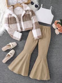 3 件套时尚校园风格少女装：少女经典格子翻领羊毛夹克 + 纯色短吊带上衣 + 纯色松紧腰喇叭裤，优雅女性化户外休闲冬装，舒适柔软日常时尚秋季少女服装