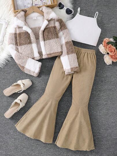 3 件套时尚校园风格少女装：少女经典格子翻领羊毛夹克 + 纯色短吊带上衣 + 纯色松紧腰喇叭裤，优雅女性化户外休闲冬装，舒适柔软日常时尚秋季少女服装