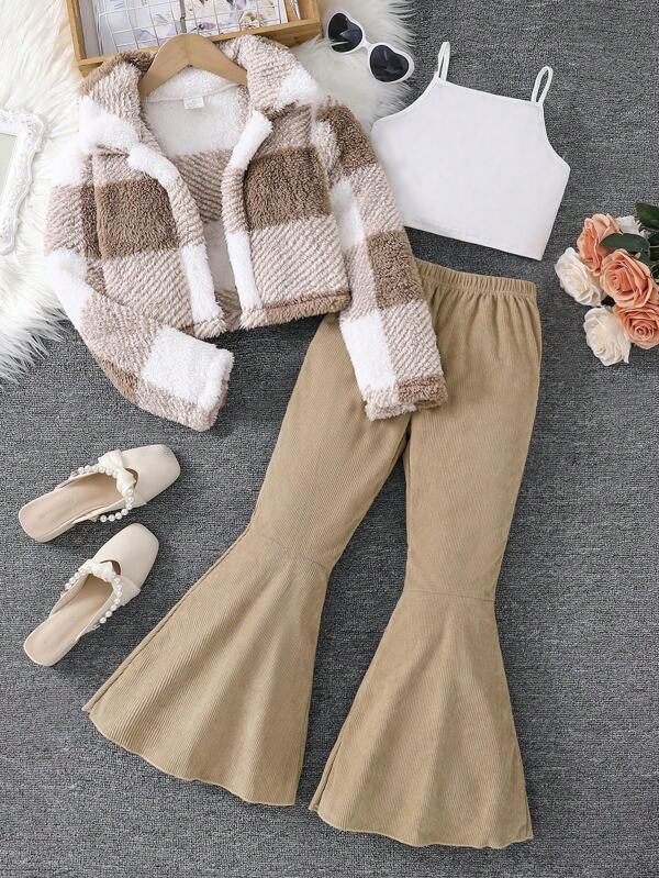 Set 3 bucăți ținută pentru fete în stil școlar: Tween Girls, jachetă clasică din lână în carouri cu rever + top cu bretele scurte de culoare uni + pantaloni evazați cu talie elastică, îmbrăcăminte de iarnă, elegantă, feminină, în aer liber, confortabilă, moale, moale, de zi cu zi, șic, îmbrăcăminte de toamnă pentru fete.