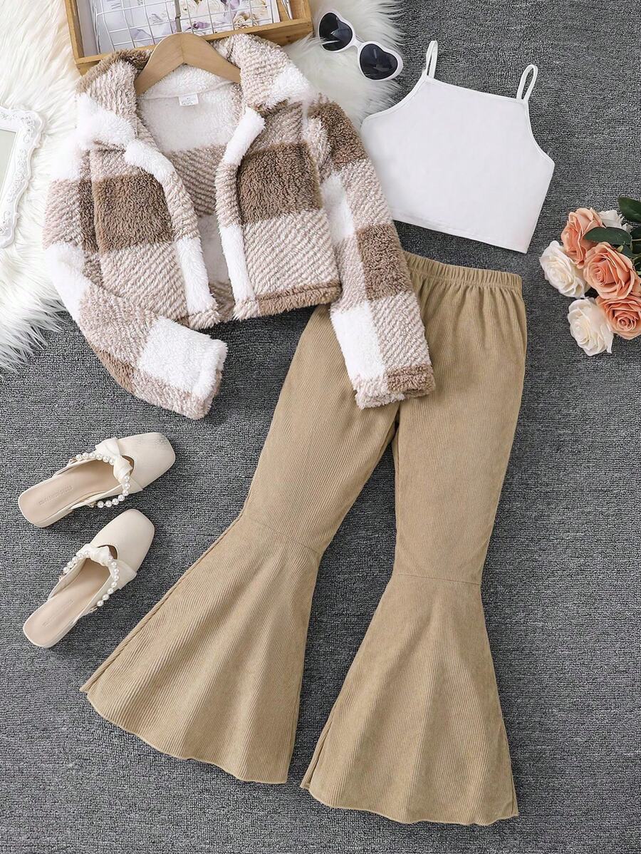 3 件套时尚校园风格少女装：少女经典格子翻领羊毛夹克 + 纯色短吊带上衣 + 纯色松紧腰喇叭裤，优雅女性化户外休闲冬装，舒适柔软日常时尚秋季少女服装