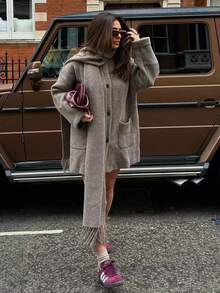 Ensemble 2 pièces TRAFZA pour femmes : Cardigan pull décontracté et écharpe, couleur unie, avec poches, pull chaud en tricot