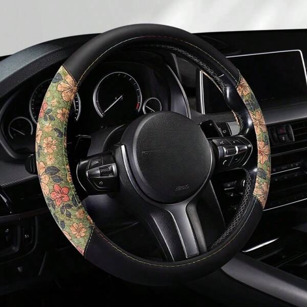 1pc Vintage Natural Cork & Napa Leather Car Steering Wheel Cover, Comfortable Anti-Slip Breathable 38cm Round Universal Fit