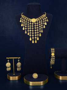Juego de joyas de lujo chapado en oro de 18K con diseño cuadrado elegante para mujer, que incluye collar, aretes, pulsera y anillo, adecuado para Nigeria, Dubái, Oriente Medio, Arabia Saudita, novia, boda, uso diario, regalo de aniversario, regalo de Halloween - Dorado - Ver 3