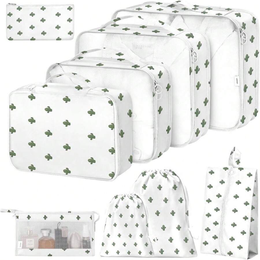 Packing Cubes For Suitcases,Packing Cubes With Shoe Bag, Cosmetics Bag, Clothing Bag, Accessories Bags Packing Cubes For Travel Luggage Organizer Women Men - 9 Bộ xương rồng trắng - Xem 1