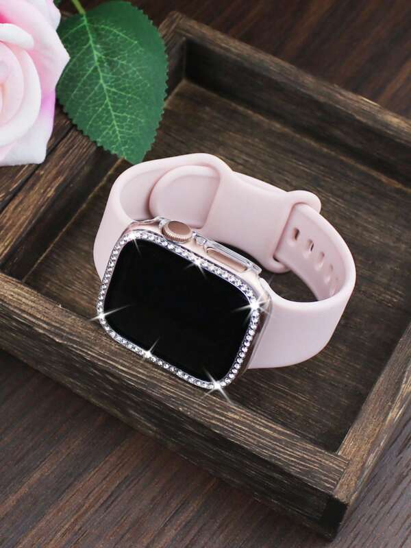Compatible With Apple Watch Band And Case Combination Set Fashion, Sport, Soft And Comfortable Rivet Buckle Silicone Strap + Shiny Diamond-Studded Anti-Drop And Scratch-Resistant Pc Case With Tempered Glass Film Integrated Case Compatible With Apple Watch 38/40/41/42/44/45/46/49mm Replacement Strap Case Compatible With Apple Watch Series Ultra/11/10/9/8/7/6/5/4/3/Se Women'S Strap Case