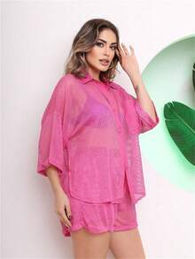 Women's Beachwear Set, Chemise/Chamise And Shorts With Side Pocket - 玫紅色 - 查看 2