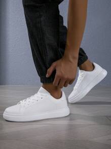 男士休闲运动鞋新款轻便舒适白鞋网球鞋系带防滑步行鞋情侣鞋 - 白色 - 查看 4