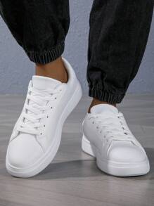 男士休闲运动鞋新款轻便舒适白鞋网球鞋系带防滑步行鞋情侣鞋 - 白色 - 查看 5