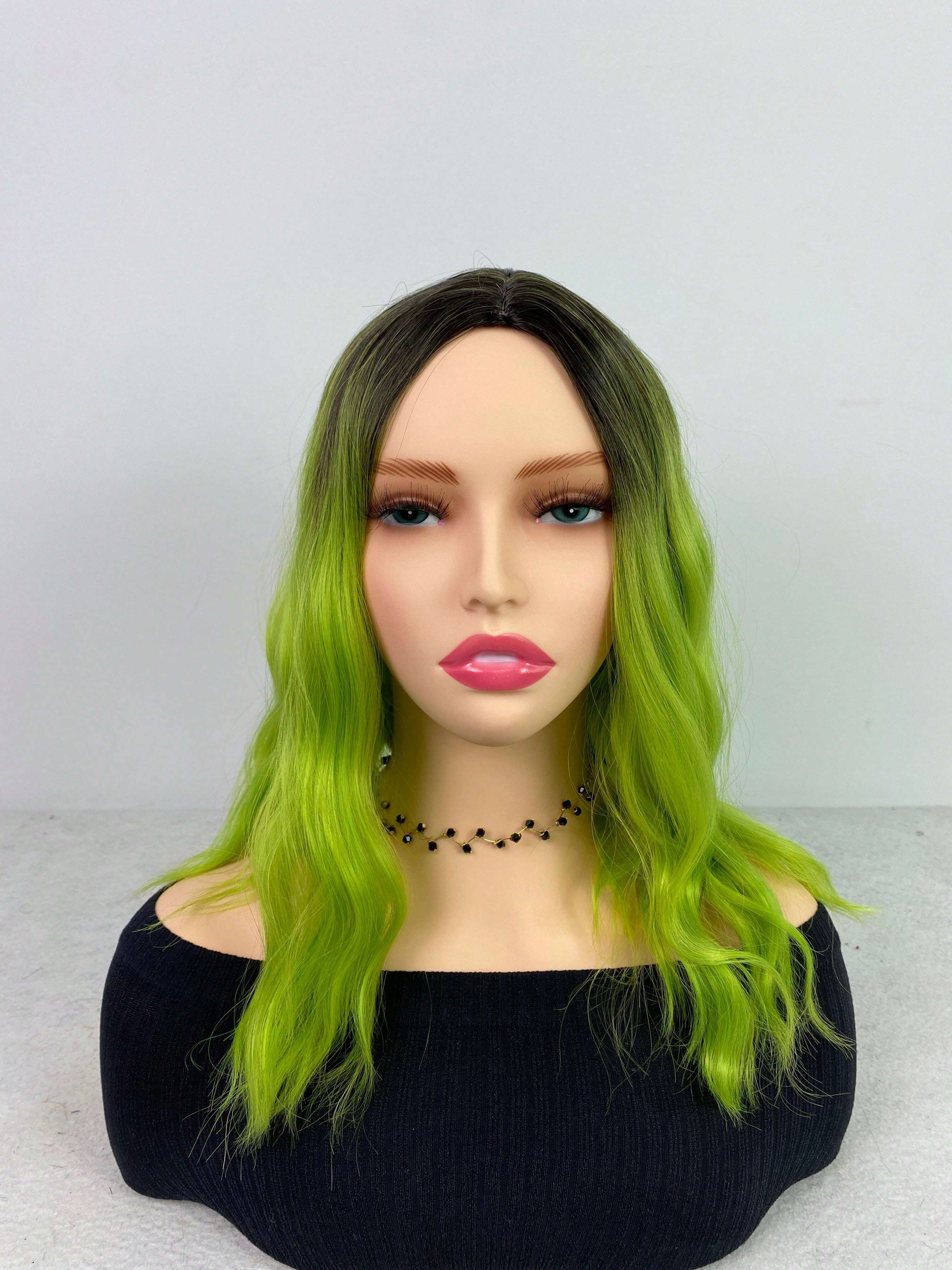 14 Inch Green Bob Wigs For Women Short Wavy Curly Wig Dark Roots