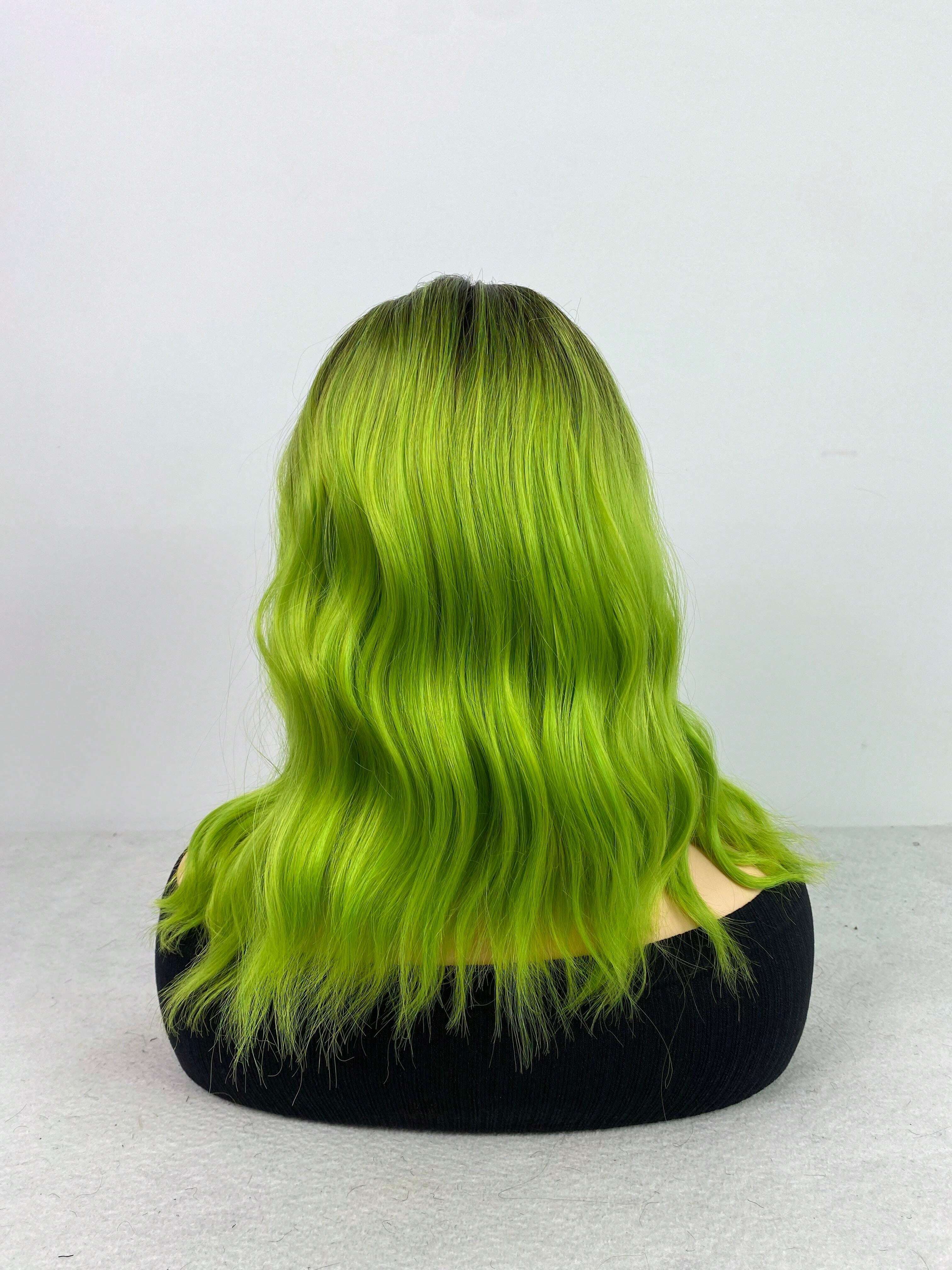 14 Inch Green Bob Wigs For Women Short Wavy Curly Wig Dark Roots