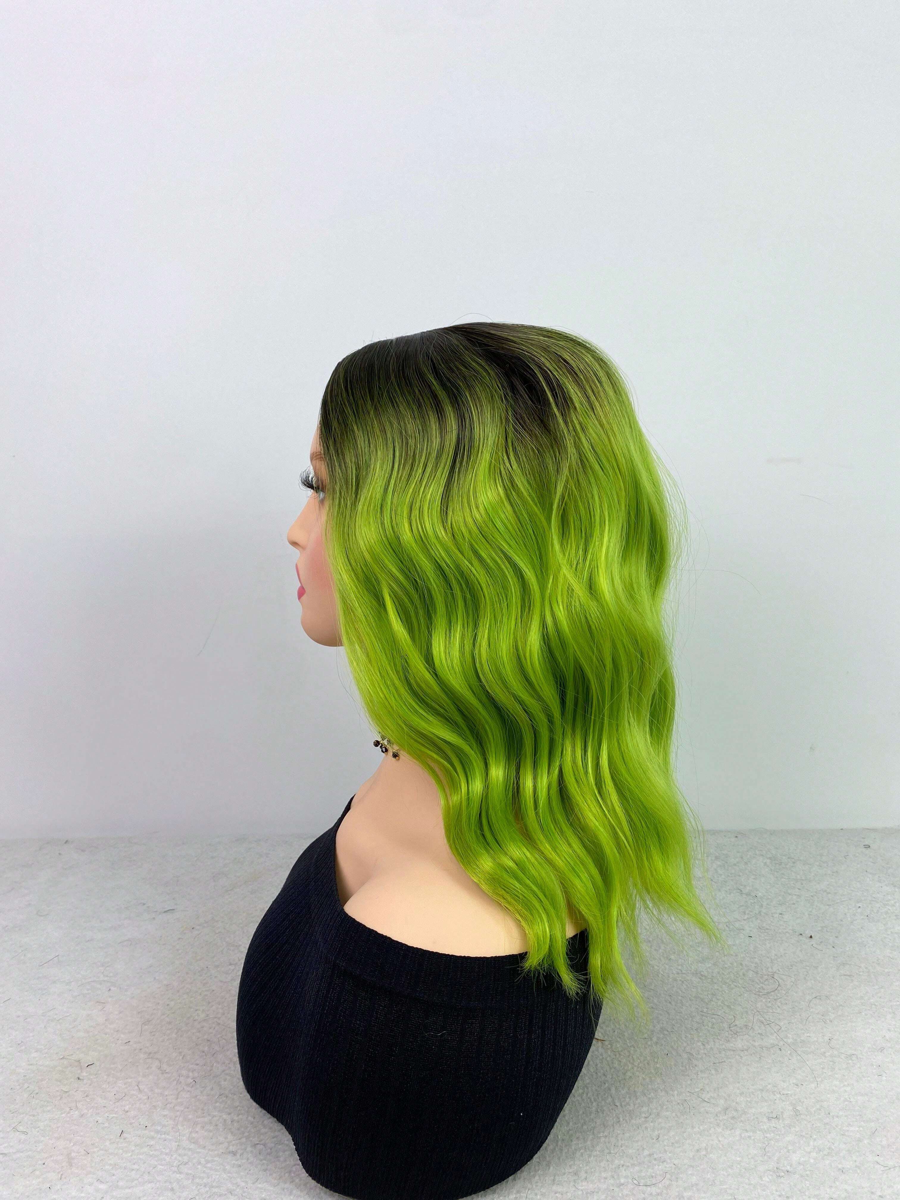 14 Inch Green Bob Wigs For Women Short Wavy Curly Wig Dark Roots