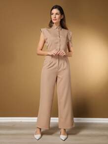 Tailored Set Of Sleeveless Blouse With Turn-Down Collar And Straight Pants For Women - Màu Khaki - Xem 3