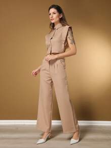 Tailored Set Of Sleeveless Blouse With Turn-Down Collar And Straight Pants For Women - Màu Khaki - Xem 4