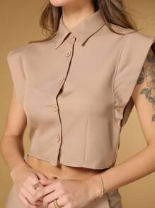 Tailored Set Of Sleeveless Blouse With Turn-Down Collar And Straight Pants For Women - Màu Khaki - Xem 5