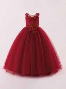 Tween Girls Embroidered Mesh Elegant Party Dress, Suitable For Hosting And Attending Formal Events, Excluding Headband - 酒紅色 - 查看 4