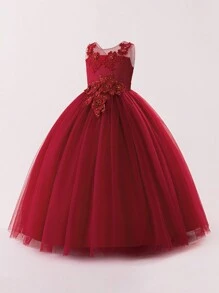 Tween Girls Embroidered Mesh Elegant Party Dress, Suitable For Hosting And Attending Formal Events, Excluding Headband - 酒紅色 - 查看 3