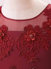 Tween Girls Embroidered Mesh Elegant Party Dress, Suitable For Hosting And Attending Formal Events, Excluding Headband - 酒紅色 - 查看 5