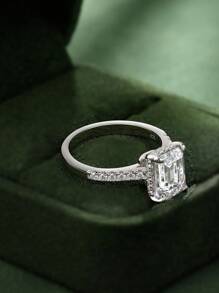 AIHUASI 1 件 925 纯银女士订婚戒指 7*9 毫米 2.7 克拉祖母绿切割光环方晶锆石闪亮婚礼精美珠宝情人节礼物 - 銀色 - 查看 5