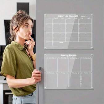 Disponible en 2 tamaños: Calendario magnético reutilizable de borrado en seco para refrigerador - Acrílico transparente moderno con 6 marcadores