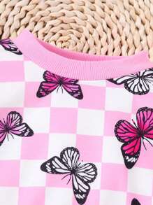 Infant Girls Plaid Print Butterfly Rib Crew Neck Sweatshirt And Sweatpants Set, Fall