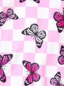Infant Girls Plaid Print Butterfly Rib Crew Neck Sweatshirt And Sweatpants Set, Fall