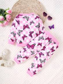 Infant Girls Plaid Print Butterfly Rib Crew Neck Sweatshirt And Sweatpants Set, Fall