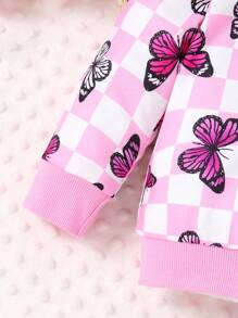 Infant Girls Plaid Print Butterfly Rib Crew Neck Sweatshirt And Sweatpants Set, Fall