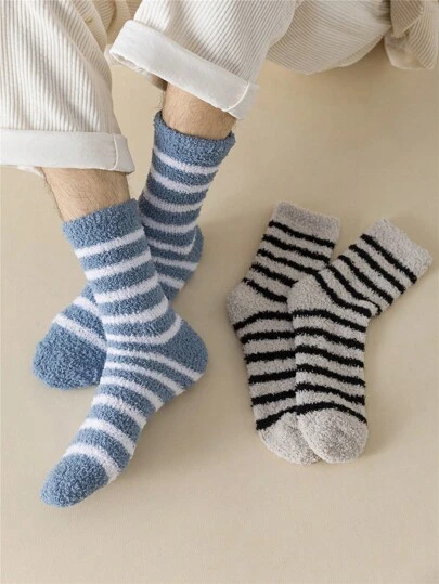 2Pairs Men Cozy Plain Solid Color Warmly Soft Fuzzy Stripes Black Socks Comfort Fluffy Quarter Socks