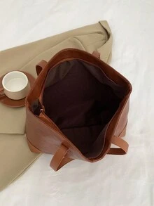 1 Stück große braune Kapazität einfache Shopper Tasche aus Kunstleder für Frauen - Braun - Übersicht 3