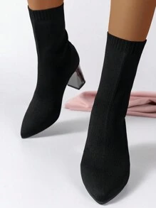 7.5厘米细针织尖头粗跟弹力中筒靴，女款，2025年秋冬新品