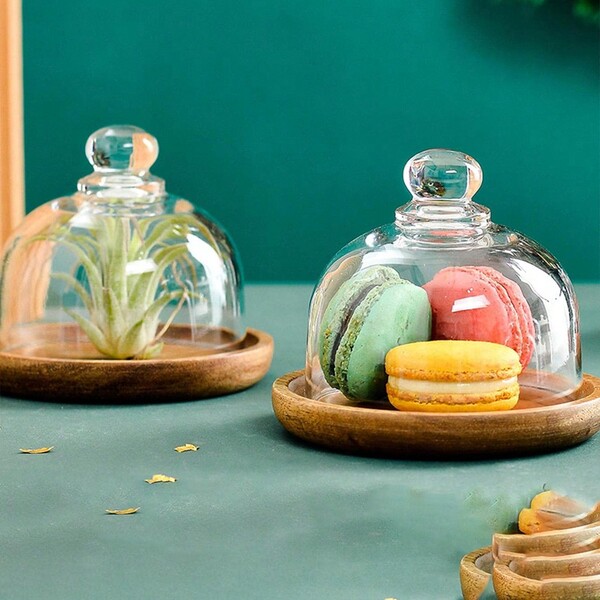 1pc Vintage Wooden Tray With Glass Cover