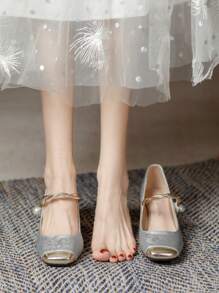 Women's Embroidered Square Toe Chunky Heel Slip-On Pumps, Mid-Heel Casual Shoes - Silver - View 4