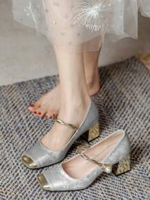 Women's Embroidered Square Toe Chunky Heel Slip-On Pumps, Mid-Heel Casual Shoes - Silver - View 3