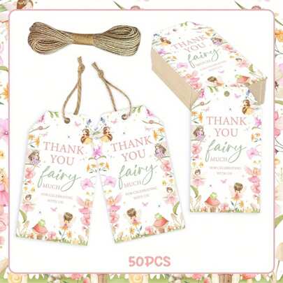 50pcs Fairy Tale Theme Celebration Gift Labels - Thank You Tags For Birthday, Baby Shower, Wedding, Bridal Party - Floral Design With Jute String Included Valentine Day