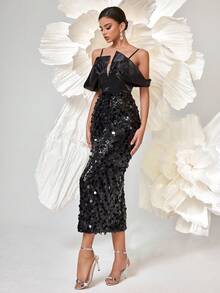 亮片装饰细肩带大腿开衩晚礼服，优雅鸡尾酒半正式舞会礼服，适合生日、婚礼嘉宾、毕业典礼、晚宴、返校节