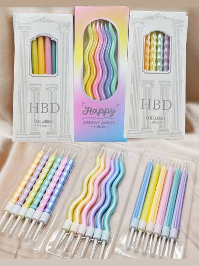 6pcs Pearlescent Macaron Color Roman Column Rhombus Pattern Curved Birthday Cake Decorating Candles