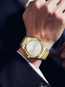 TOMI Men's Quartz Watch With Cufflinks & Ring Gift Set, Minimalist Stick Marker Dial, Zinc Alloy Band, Suitable For Daily Life, Business Events, Father's Day, Valentine's Day - Gold - View 7