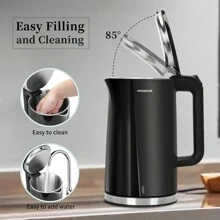 1 件装 1.7 升电热水壶，双层保温，2200W，大容量，360° 旋转底座，过热保护，干烧保护，Aigostar，黑色，适合家庭日常使用 - 查看 5