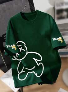 Camiseta casual de cuello redondo con estampado de oso de dibujos animados y eslogan para adolescentes, verano - Verde Oscuro - Ver 2