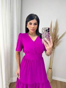 Women's Plain Midi Dress With Elastex On The Back / Puff Sleeves - 玫瑰紅 - 查看 3
