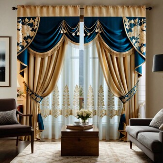 2pcs High Definition Digital Printed Curtains, Yellow And Blue Color Blocking Faux Silk Drapes, New Chinese Style Home Decor For Living Room, Bedroom